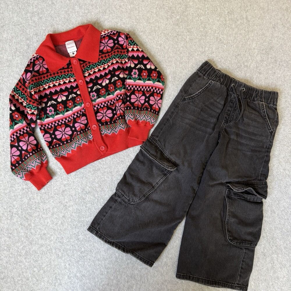 Hanna Andersson Cardigan Girls S 6/7 Red Floral Puff SLeeve Zara Wide Leg Jeans